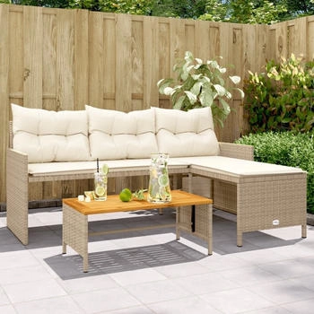 vidaXL Gartensofa in L-Form mit Tisch und Kissen Beige Poly Rattan (365583)