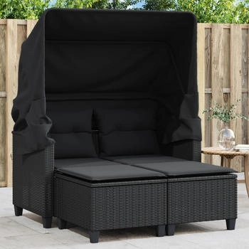 vidaXL Gartensofa 2-Sitzer mit Dach und Hockern Schwarz Poly Rattan (365781) schwarz