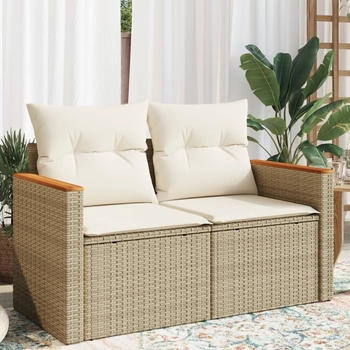 vidaXL Gartensofa mit Kissen 2-Sitzer Beige Poly Rattan (366082)