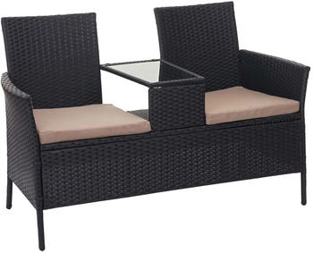 MCW Poly-Rattan Sitzbank mit Tisch E24 schwarz Kissen creme