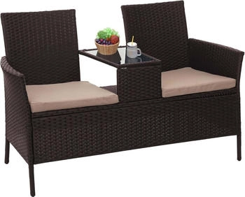 MCW Poly-Rattan Sitzbank mit Tisch E24 Braun Kissen Creme