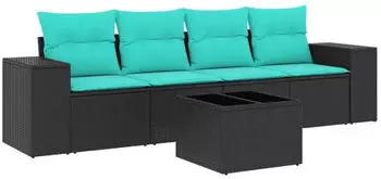 vidaXL Gartensofa-Set 5-teilig mit Kissen, schwarzes Polyrattan (3222286)