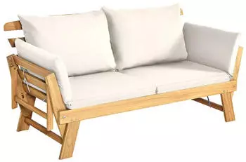 Costway Gartenbank 4-in-1 mit Liegefunktion, Akazienholz, Auflage, 198x75x75cm, Weiß (OP70607WH+)