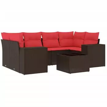 vidaXL Gartensofa-Set 7-teilig mit Kissen, Polyrattan, Braun (3222323)
