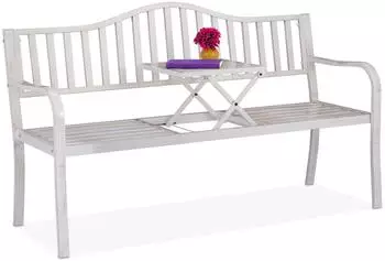 Relaxdays Gartenbank Stahl Wei&szlig;-Bronze mit Klapptisch 89 x 150 x 58,5 cm