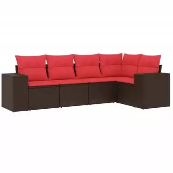 vidaXL Gartensofa-Set 5-teilig mit Kissen, Polyrattan, Braun (3222533)