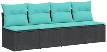 vidaXL Gartensofa 4-Sitzer mit Kissen, Poly Rattan, schwarz (366027)