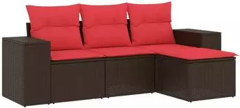 vidaXL Gartensofa-Set 4-teilig mit Kissen, Polyrattan, Braun (3222473)