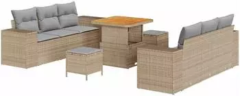 vidaXL Garten-Sofagarnitur 9-tlg. mit Kissen, Poly Rattan & Akazie, Beige (3363907)