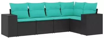 vidaXL Gartensofa-Set 5-teilig mit Kissen, schwarzes Polyrattan (3222526)