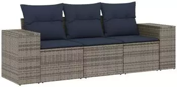 vidaXL 3-teiliges Gartensofa-Set mit Kissen, grau, Polyrattan (3222260)