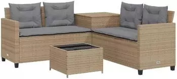 vidaXL Gartenlounge-Set L-Form Poly Rattan beige mit Tisch und Kissen (369030)