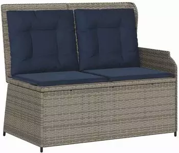 vidaXL Gartenbank mit Kissen, Poly-Rattan, grau/marineblau (3394447)
