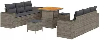 vidaXL Gartensofa-Set mit Kissen, 9-tlg., grau, Poly-Rattan (3363908)