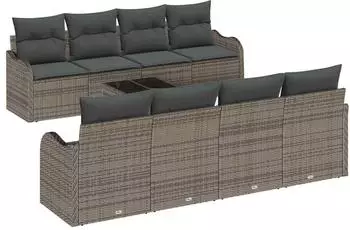 vidaXL Gartensofa-Set 9-tlg. grau, Poly-Rattan/Stahl/Glas (3354298)