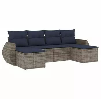 vidaXL Gartensofa-Set 6-teilig mit Kissen, grau, Polyrattan (3221720)