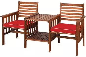 Costway Gartenbank mit Tisch, 2-Sitzer, Akazienholz, rot, mit Kissen & Schirmloch, 165x65x88cm (AB92827DQ)