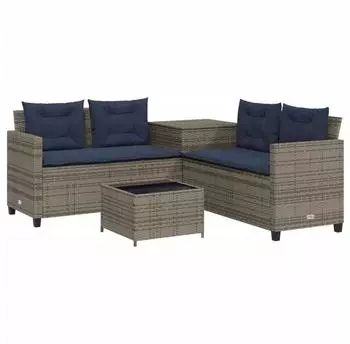 vidaXL Gartensofa L-f&ouml;rmig mit Tisch und Kissen, grau, Polyrattan (369034)