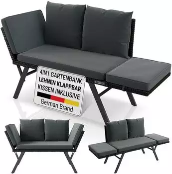 Juskys Polyrattan Multifunktionsbank Calvia Schwarz/Grau/Creme