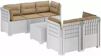 vidaXL 5-Sitzer Gartensofa mit Kissen, Rattan-Look, PP, wei&szlig; (3443916)