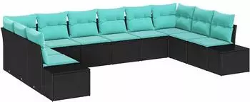 vidaXL Gartensofa-Set 10-teilig, 9-Sitzanzahl, schwarz und t&uuml;rkis (3355915)