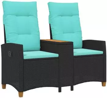vidaXL Liegebank mit Tisch, 2-Sitzer, 126x65x112cm, Poly-Rattan, schwarz/t&uuml;rkis