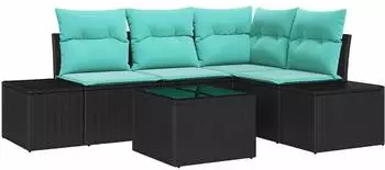 vidaXL Gartenlounge-Set mit Stauraum, Polyrattan, schwarz/t&uuml;rkis (3355725)
