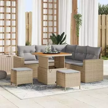 vidaXL Gartensofa-Set 9-tlg. 6-Sitzer Poly-Rattan beige/hellgrau (3363562)