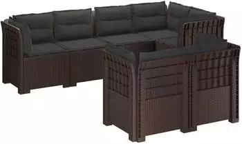 vidaXL Gartensofa 7-Sitzer mit Kissen, Rattan-Look PP, braun (3444163)