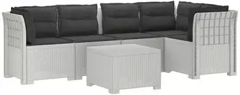 vidaXL Gartensofa 5-Sitzer Rattan-Look PP, wei&szlig; mit Kissen