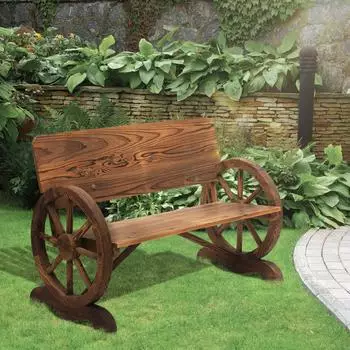 OKWISH Gartenbank 2-Sitzer Holz, Wagenrad-Armlehnen, 114x58x80cm, dunkelbraun