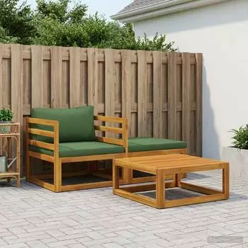 vidaXL Modulares Sofaset 2-Sitzer mit Kissen, Akazien-Massivholz, 3-tlg.