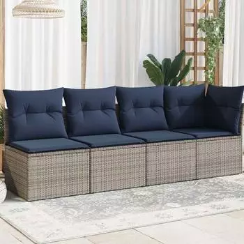 vidaXL Garten-Sofa 4-Sitzer mit Kissen, grau, Poly-Rattan, 227x62x69cm