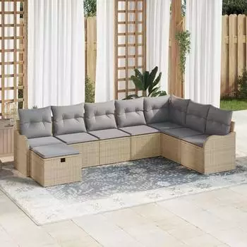 vidaXL Garten-Lounge-Set mit Kissen und Stauraum, Poly-Rattan, beige/hellgrau (3359029)