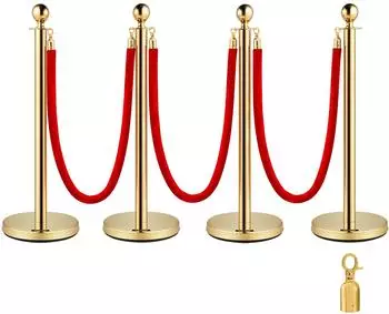 VEVOR Absperrpfosten Golden 4er-Set mit 3 roten Samtseilen (1,5m) (1.5M3GHRS4JT)