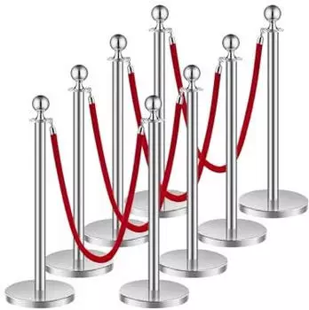 VEVOR Absperrpfosten 8er-Set, Edelstahl Silber 1,5m, 4 rote Samtseile (BXGDYQ320PDTC8-4)