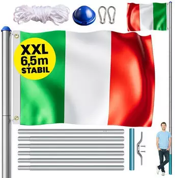 Monzana Teleskop-Fahnenmast 6,5m Aluminium mit Seilzug & Bodenh&uuml;lse inkl. Italien Flagge (996876)