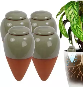 Relaxdays Tonkegel Bew&auml;sserung 4er-Set 350ml, Terrakotta/Salbei (10054162_9529)