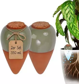 Relaxdays Tonkegel Bewässerung 2er-Set 350ml, terrakotta/salbei
