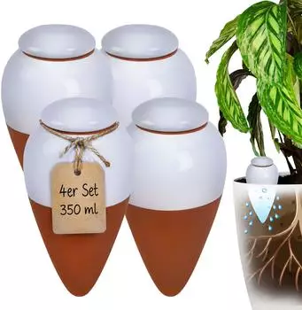 Relaxdays Tonkegel Bew&auml;sserung, 4er Set, 350ml, terrakotta/wei&szlig;