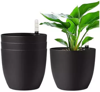 LuxusKollektion Selbstbew&auml;ssernder Blumentopf mit Wasseranzeiger, schwarz, 18cm, 4er-Set