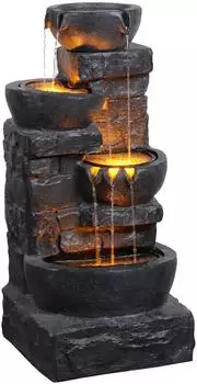 Teamson Kaskaden-Schalenbrunnen 4-stufig LED warm, dunkelgrau Steinoptik (FT5024DGR-EU)