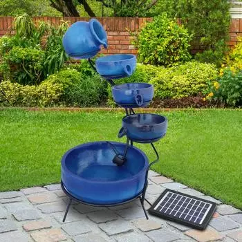 MonsterShop 4-stufiger Solar-Wasserbrunnen mit Sch&uuml;ttschalen, Blau