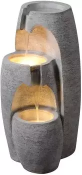 Teamson 3-stufiger Au&szlig;enbrunnen mit LED-Lichtern, graue Steinoptik Polyresin, einstellbarer Durchfluss (FT4224GR-EU)
