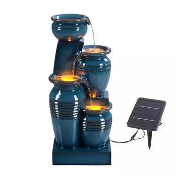 Teamson Solarbetriebener 4-stufiger Kaskadenbrunnen mit LED-Beleuchtung, Blau (RJ-23062B)