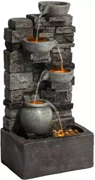 Teamson 4-stufiger Kaskadenbrunnen mit LED, Stein, Grau, Outdoor (FT0724GR-EU)