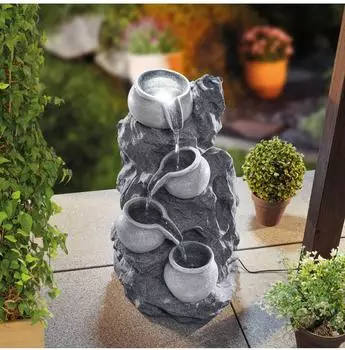 Esotec Solar Fels-Kaskadenbrunnen granitfarben mit Akku und LED, H=48cm (101322)