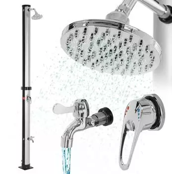 ML-Design Solardusche 20L, rund, 210cm, mit Fu&szlig;dusche & Regenduschkopf, silber-schwarz