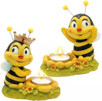 Dekohelden24 Bienenpaar mit Teelichthalter, Polyresin, 2er Set (226798-2er)