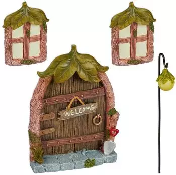 Relaxdays Feentür 4-tlg. Set, 2 Wichtelfenster, 1 Wichtellicht, Kunststein, bunt (10043370)